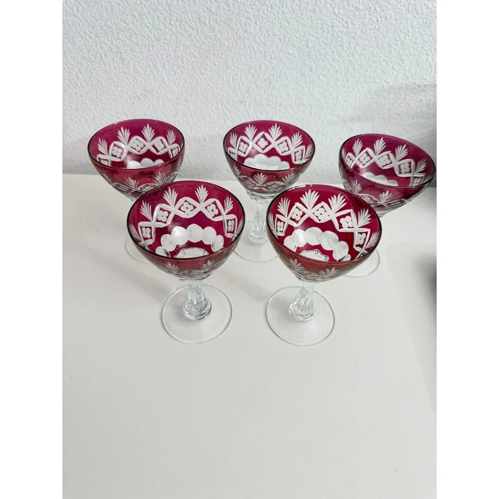 Vintage Cranberry Cut to Clear Crystal Cordial Glasses Set of 5 Ruby Red Floral